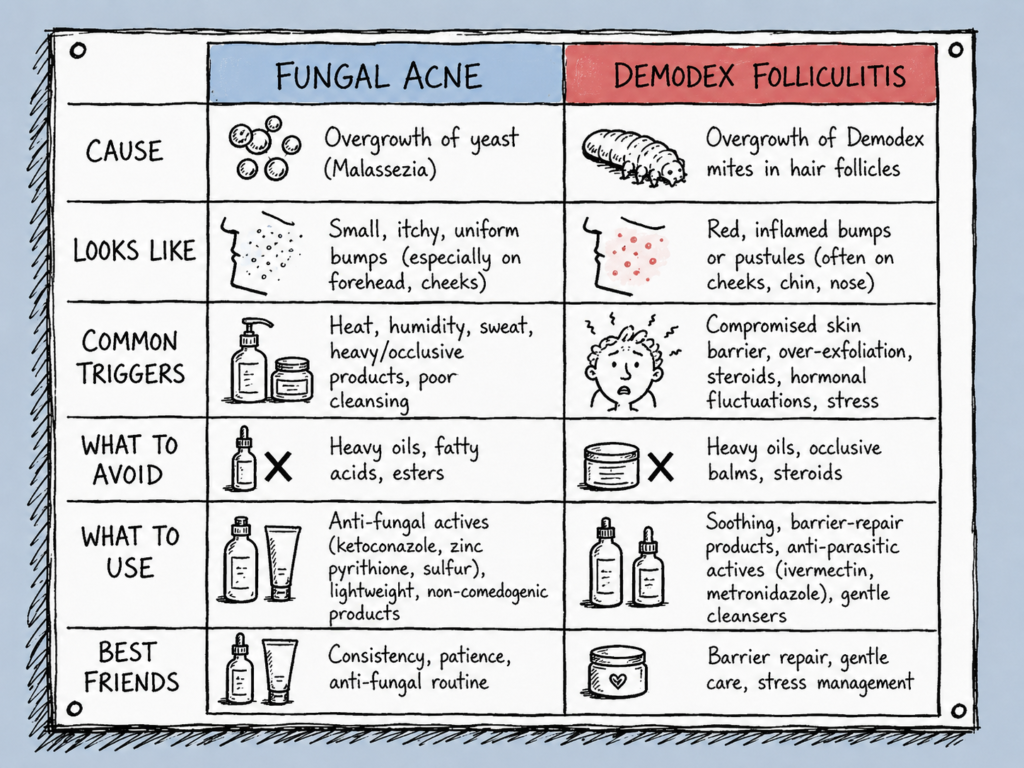 Comparison table of fungal acne vs Demodex symptoms, triggers, and appearance