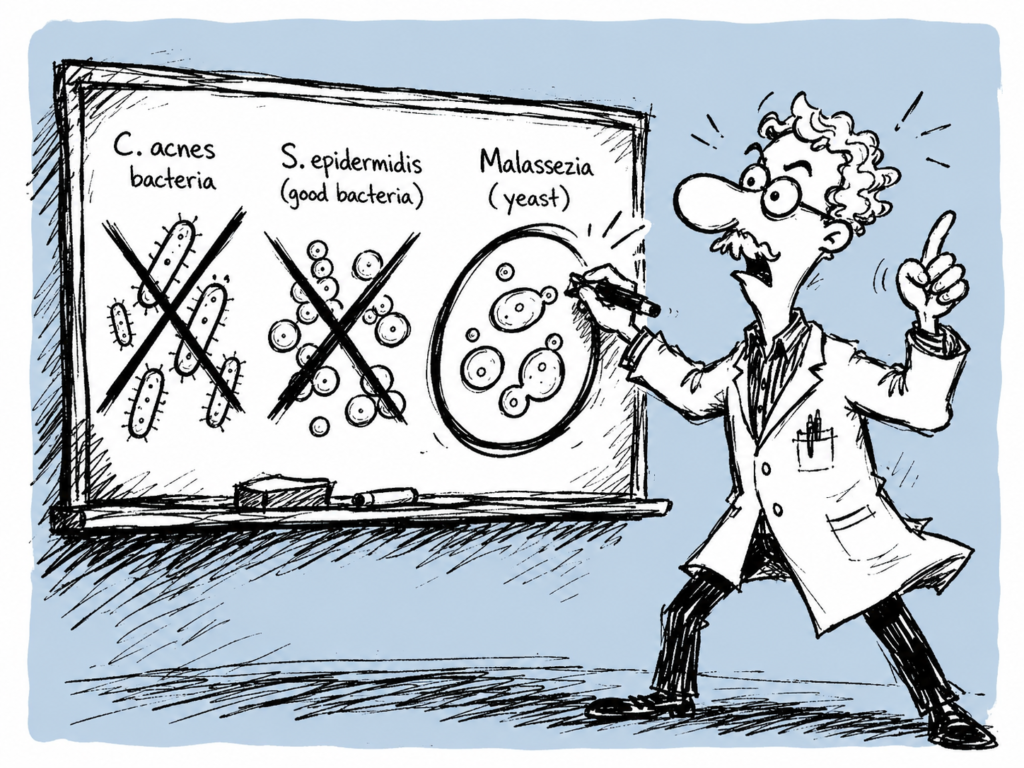 Dr. Aster illustrating how antibiotics eliminate both harmful and protective bacteria, leaving Malassezia to thrive