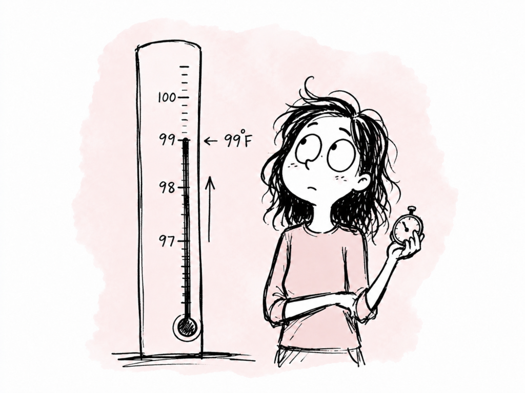 Astra stands next to a thermometer reading 99°F, holding a stopwatch, arms crossed — watching the mercury rise with a flat, unsurprised expression.