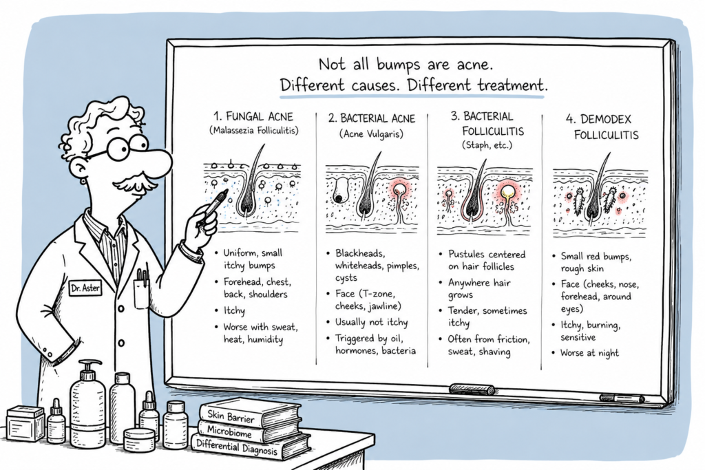 [ALT TEXT: Dr. Aster illustrating the four types of forehead bumps on a whiteboard]