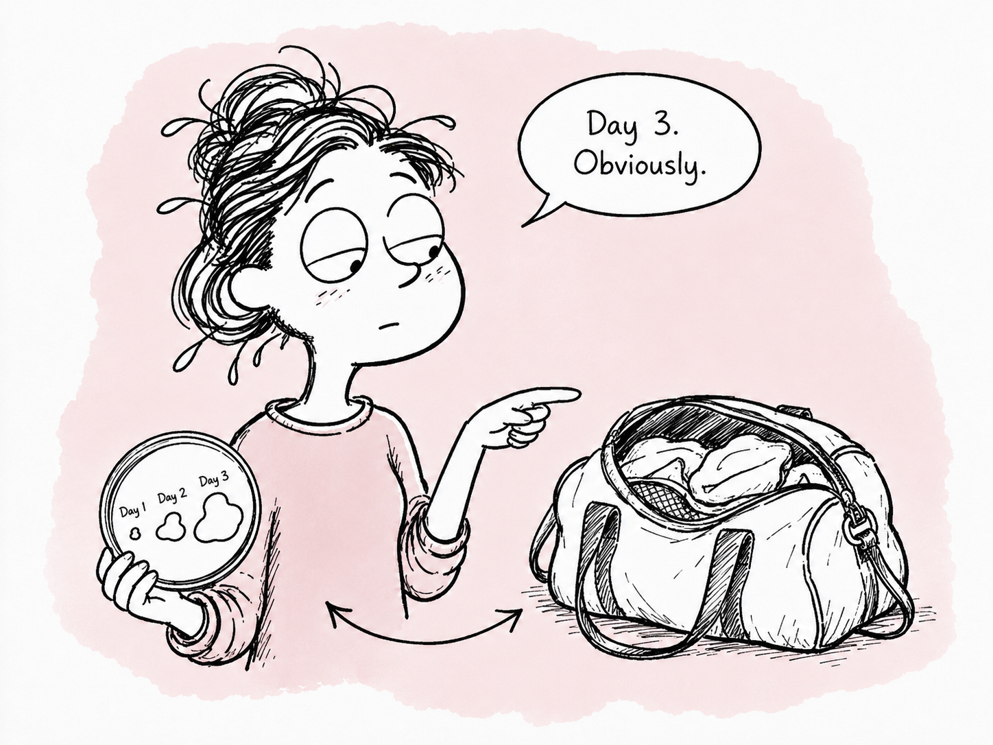 Astra sits beside an open gym bag, pointing at it with one finger while holding a petri dish showing three progressively larger blobs labeled Day 1, 2, and 3 — connected to the bag by a small arrow.